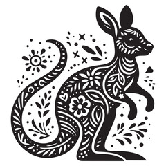 Intricate Black and White Kangaroo Illustration with Floral Patterns