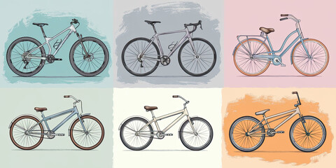 Naklejka premium Watercolor Illustration of Five Bicycle Types