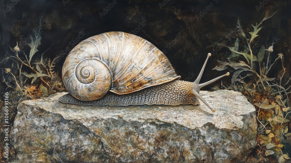 Poster Realistic Snail on Stone in Natural Setting