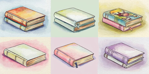 "Watercolor Illustration of Five Book Types: Genres and Covers"
