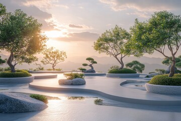 Zen Garden Sunset Landscape with Mountains and Water Features