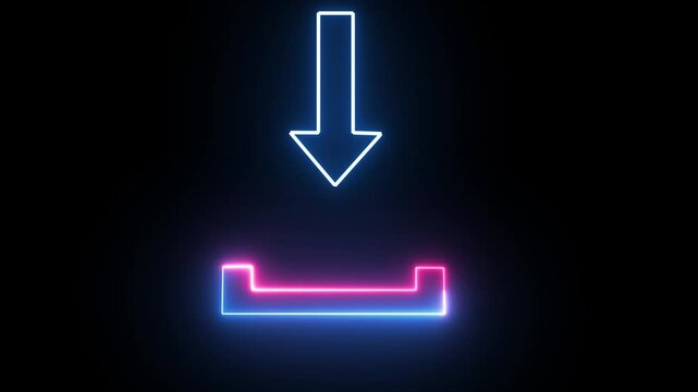Neon upload arrow icon animation. Download arrow icon animated black background