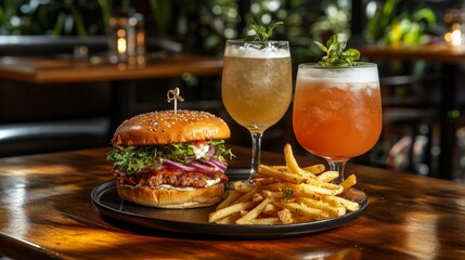 Tasty burger served with french fries and two refreshing cocktails in a restaurant