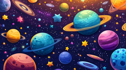 A vibrant illustration of a starry night sky with planets and stars of various sizes and colors.