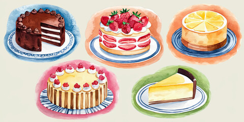 "Watercolor Illustration of Five Elegant Cake Types"