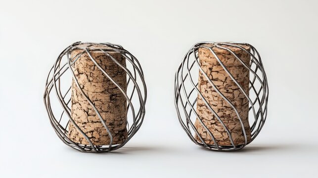  Two champagne corks encased in metal wire cages, symbolizing celebration, fine drinks, and moments of festivity associated with parties, toasts, and joyous occasions.