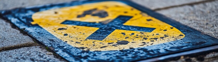 Naklejka premium Close up of Worn Yellow and Blue X Marking on Pavement