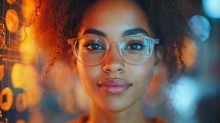 Fototapeta premium Confident Woman with Glasses and Warm Glow Background