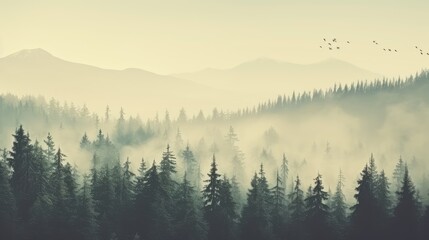 Naklejka premium Serene Misty Forest Mountains at Dawn