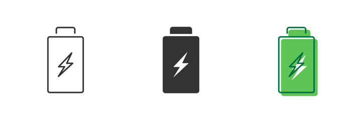 Eco Battery Line and Silhouette Icon Set. Eco Rechargeable Green Energy Pictogram. Accumulator with Lightning Icon. Editable Stroke. Isolated Vector Illustration