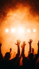 Silhouettes of crowd with raised hands at a concert.