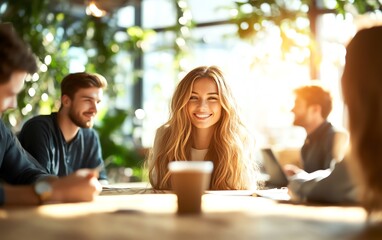 Smiling woman with friends at cafe table.