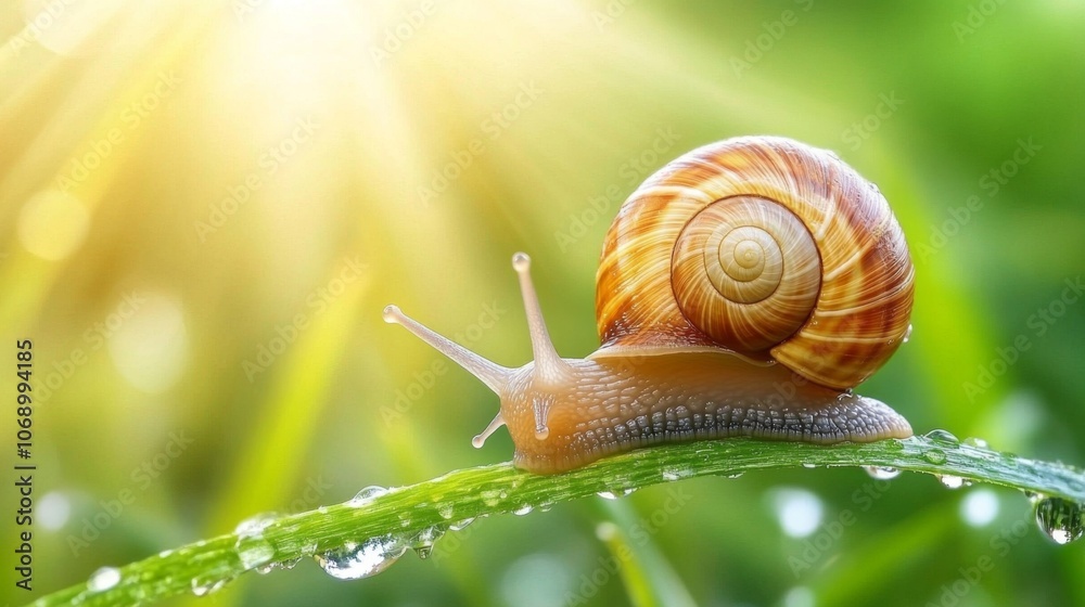 Poster snail on leaf with sunlight in background