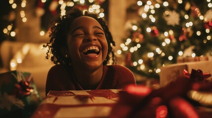 A joyful child laughing amidst festive decorations and gifts during the holiday season.