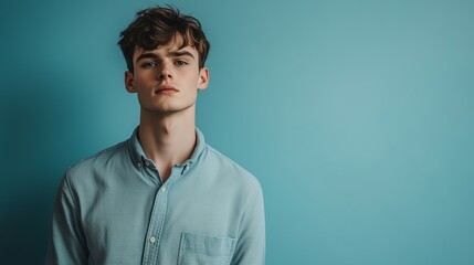 Obraz premium Young man with stylish hair wearing a light blue shirt stands against a solid blue wall in a modern indoor space