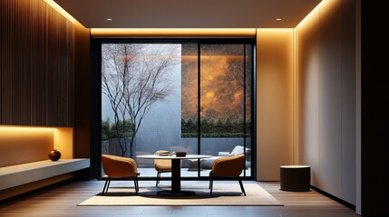 Fototapeta premium Modern minimalist living room interior with two orange chairs and a round table, large glass window showcasing a rainy outdoor view with trees and plants, softly lit ambiance.