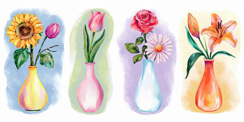 Watercolor Illustration of Five Types of Flowers