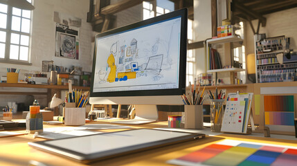 Creative workspace with computer, tablet, and art supplies.