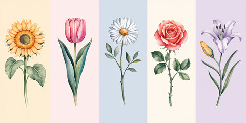 Obraz premium Watercolor Illustration of Five Types of Flowers