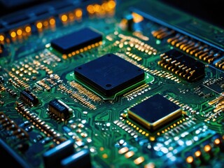 Macro view of an advanced futuristic circuit board showcasing intricate technology and design