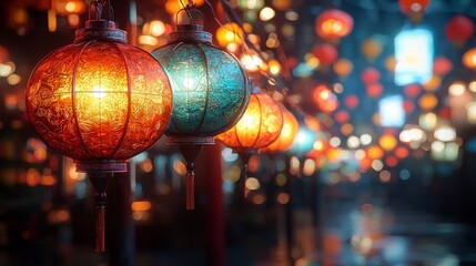 Explore the enchanting glow of colorful lanterns illuminating a vibrant street scene at night