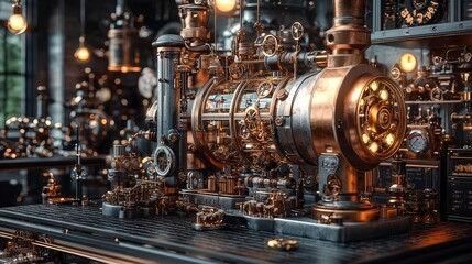 Fototapeta premium Explore the intricate design of a steampunk-inspired industrial machine with unique mechanical features