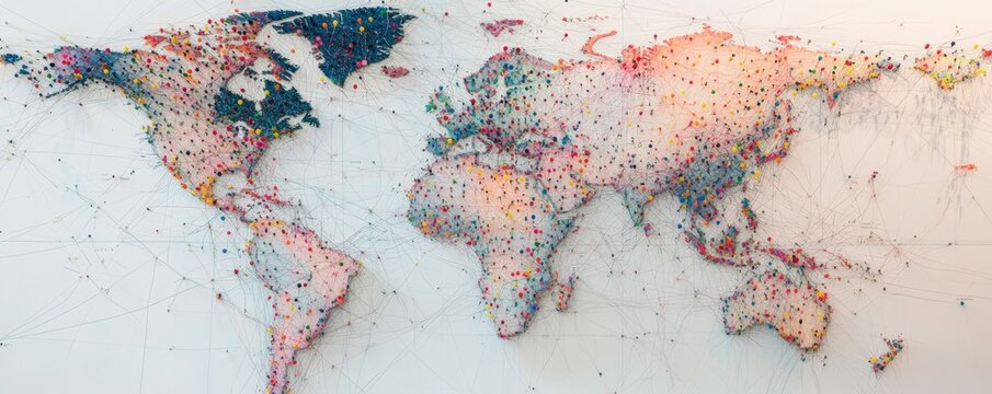 World map showing international connections with colorful pins and string