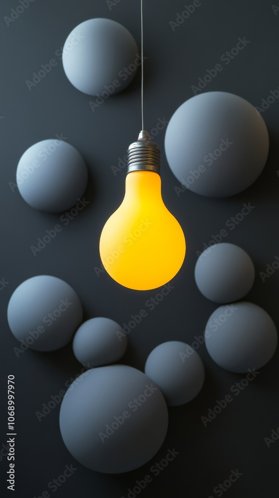 Poster hanging light bulb with abstract 3d spheres in the background, minimalistic design concept