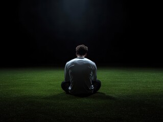 The player holds their head. Stadium lights faint. Silence fills the air