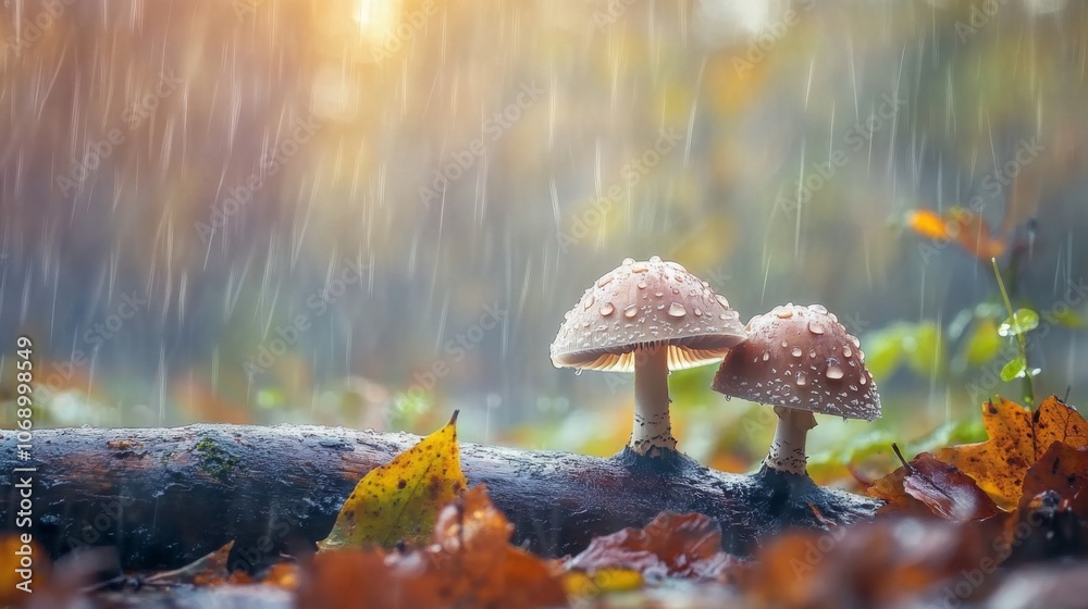 Poster raindrops on mushrooms in a forest setting