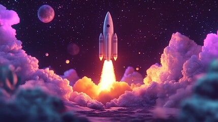 A rocket ship blasts off into a starry sky, leaving a trail of fire and smoke.