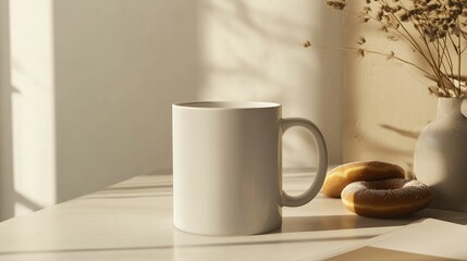 Fototapeta premium White mug mockup with donuts. Aesthetic photography with coffee mug and donuts. Cup mockup on table pastel colors.