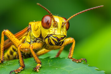 An extreme close-up of a yellow grasshopper with detailed textures