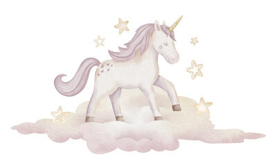Unicorn running on a cloud watercolor illustration. Drawing of cute little Horse with horn for Baby shower greeting cards or childish birthday invitation. Pony with stars for girls nursery wall art.