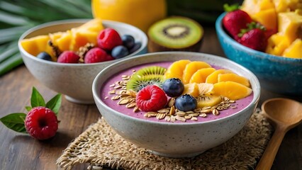Bright and refreshing smoothie bowls filled with tropical fruits and vibrant colors, perfect for a healthy breakfast that’s as nourishing as it is beautiful.