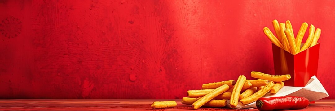 Fiery red background with a prominent hunger theme, symbolized by images of food items like burgers, pizzas, and fries scattered across the frame, hunger pangs, snack