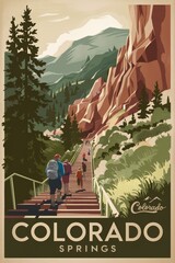 Vintage Travel Poster of Colorado Springs: Scenic Mountain Trails and Lush Greenery Inviting Adventurers to Explore Natures Beauty