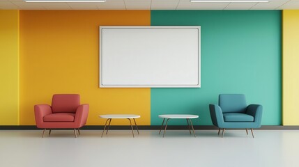 Collaborative meeting space with writable walls, digital whiteboard, colorful modern furniture