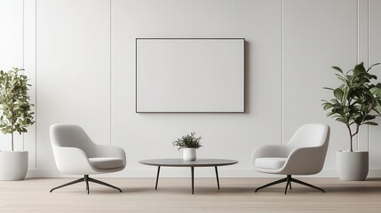 Loungestyle meeting area with plush chairs, coffee table, and video conferencing setup, relaxed and techenabled