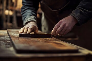 Carpenter Sanding Wood Plank in Workshop