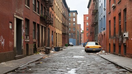 A deserted urban alley with cobblestone pavement and brick building, showcasing a neglected environment.