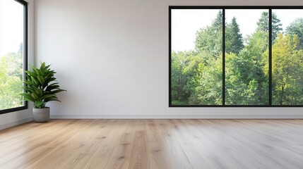 Spacious meeting room with floortoceiling windows, greenery, open layout, natureinspired modern design