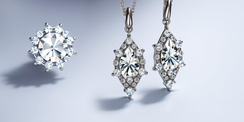 Shiny diamond earrings and necklace on a sleek grey background, glamour, diamonds