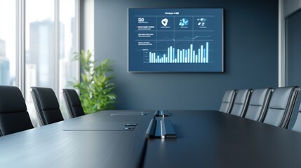 Modern conference room with a presentation screen displaying data and graphs.