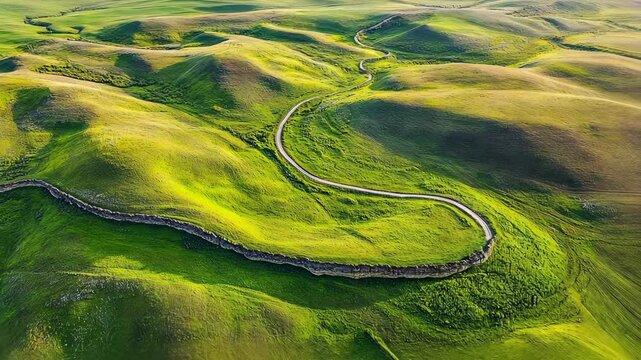A winding road snakes through rolling green hills in the Flint Hills of Kansas