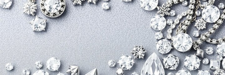 Various sparkly jewels arranged on a sleek grey background, arrangement, fashion