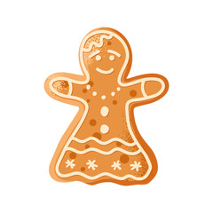 Gingerbread Woman cookie. Traditional Christmas baking with glaze drawing. Winter Holiday symbol, festive treats. Tasty homemade Christmas cookie. Vector isolated on white background. Sweet pastrie.