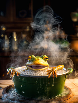 Green frog relaxing in a pot of boiling water