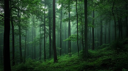 Fototapeta premium A serene forest scene shrouded in mist, showcasing lush greenery and towering tree.