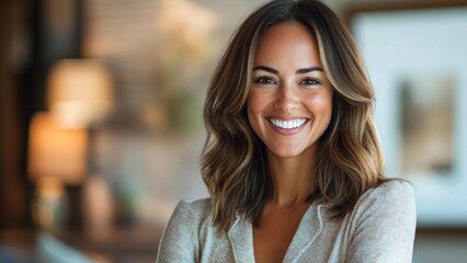 Fototapeta premium A woman with long brown hair is smiling and posing for a picture